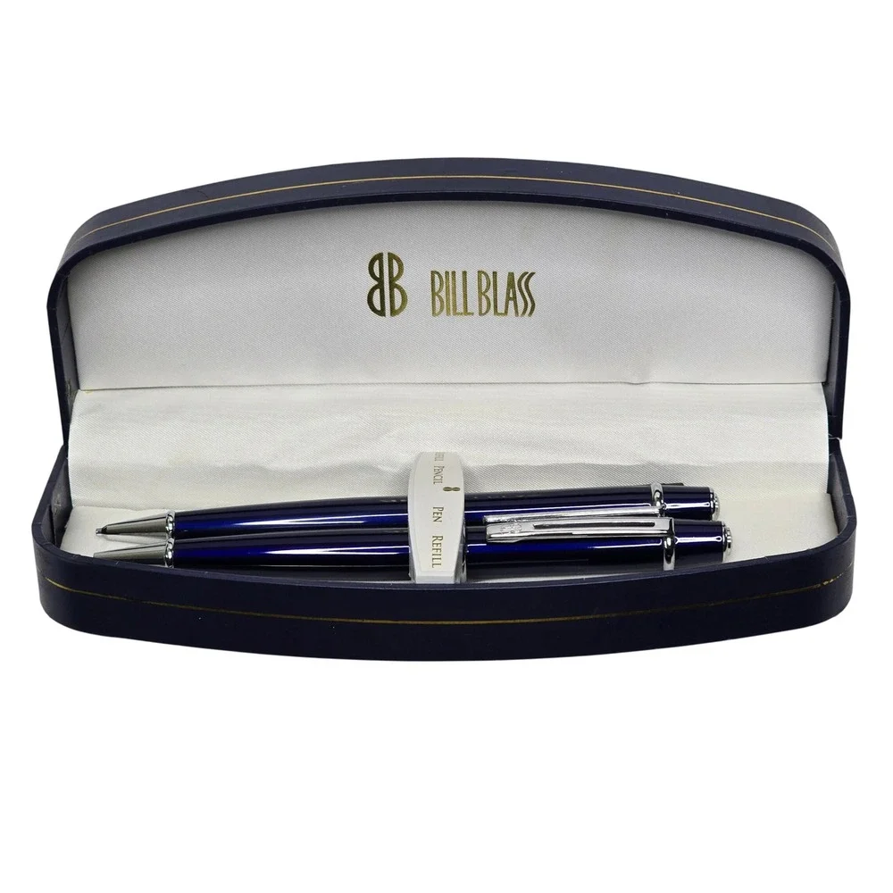 Bill Blass Blue Chrome Ballpoint Pen Mechanical Pencil Set Refills BB0091RF
